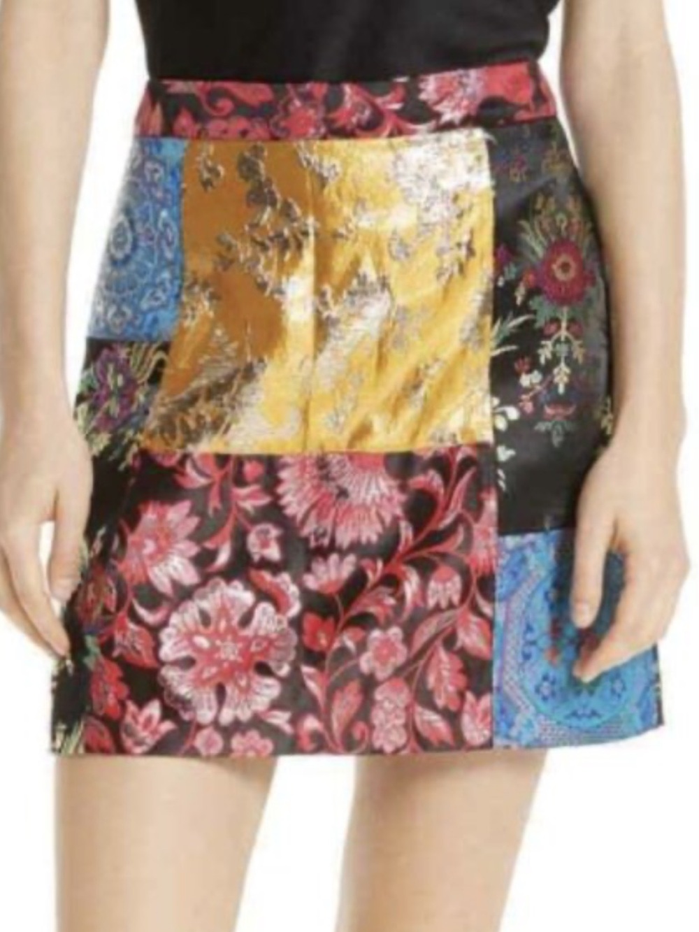 Alice + Olivia Patchwork Brocade A-Line Skirt in Gold, Red, Blue, Black